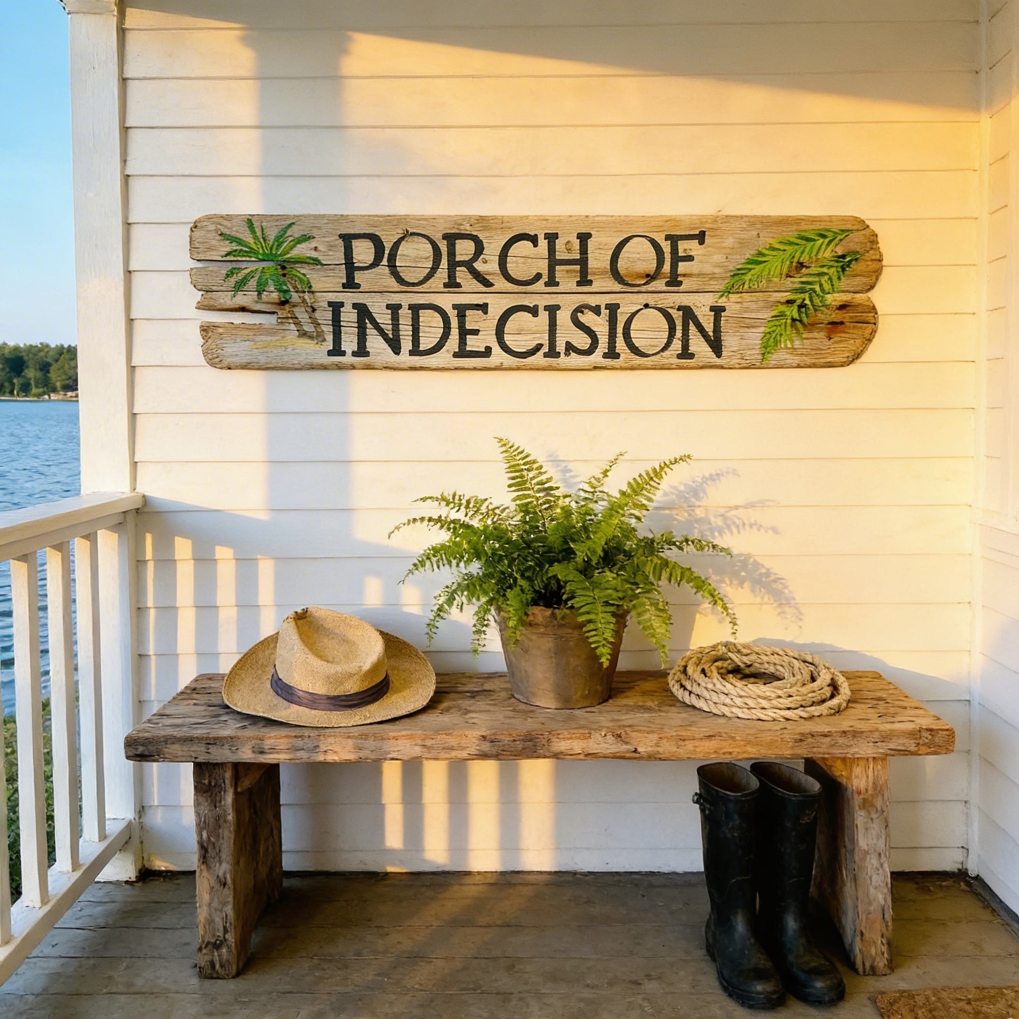 a rustic wooden bench with a straw hat and a pair of boots placed on it, situated on a porch with a sign that reads "Porch of Indecision". The bench is positioned near a railing, and there is a potted plant and a rope nearby. The scene is set against a backdrop of a body of water, creating a serene and inviting atmosphere.
