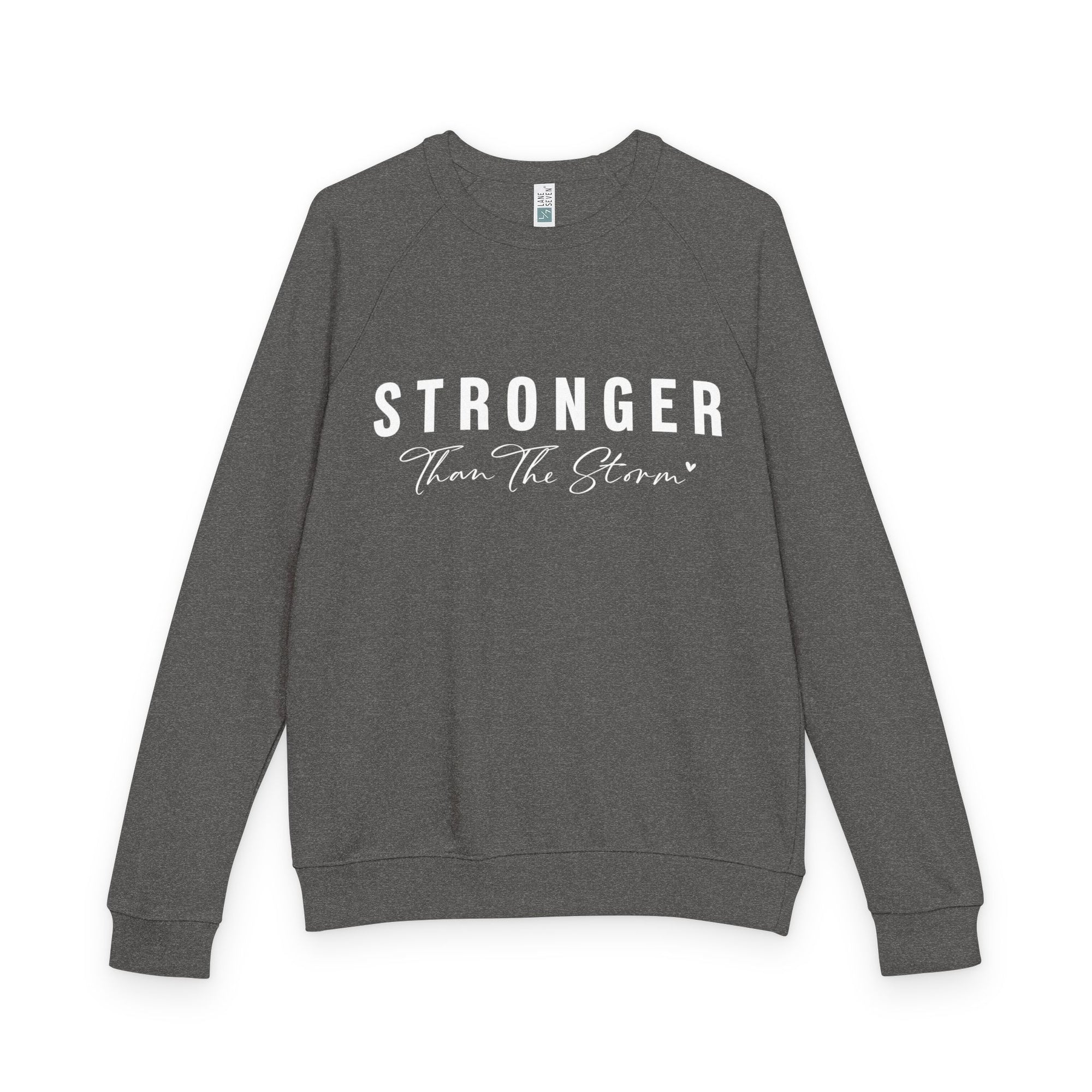 A gray Maine Salty Girl sweatshirt with the text "STRONGER Than The Storm" printed on it in white lettering.