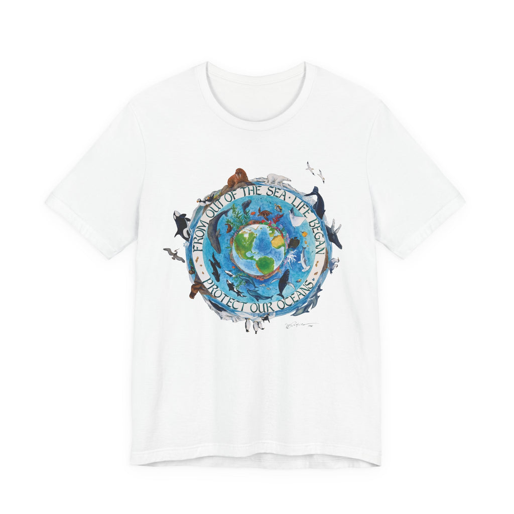 A white Maine Salty Girl t-shirt with a colorful graphic design depicting a globe surrounded by various marine life and text.