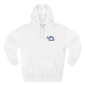 A white hooded sweatshirt with a blue embroidered logo on the front.