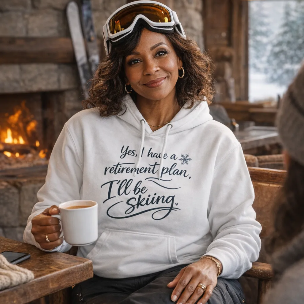A woman wearing a white hoodie with a snowflake and text, sitting in a cozy cabin with a fireplace, holding a coffee mug and smiling.
