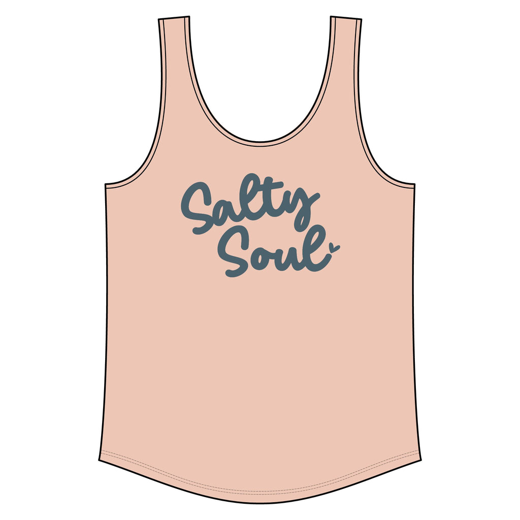 A pink tank top with the text "Salty Soul" printed on it.