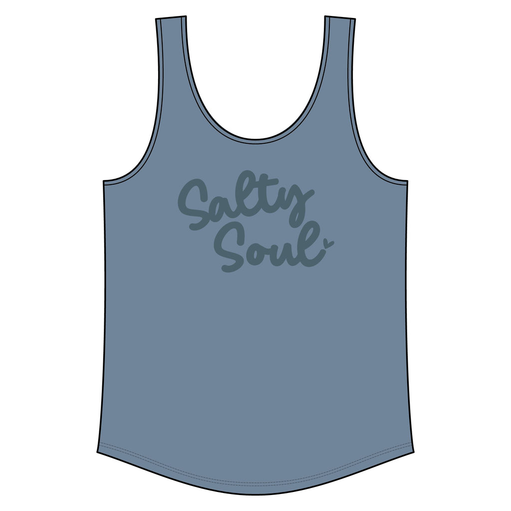 A gray tank top with the text "Salty Soul" printed on it.