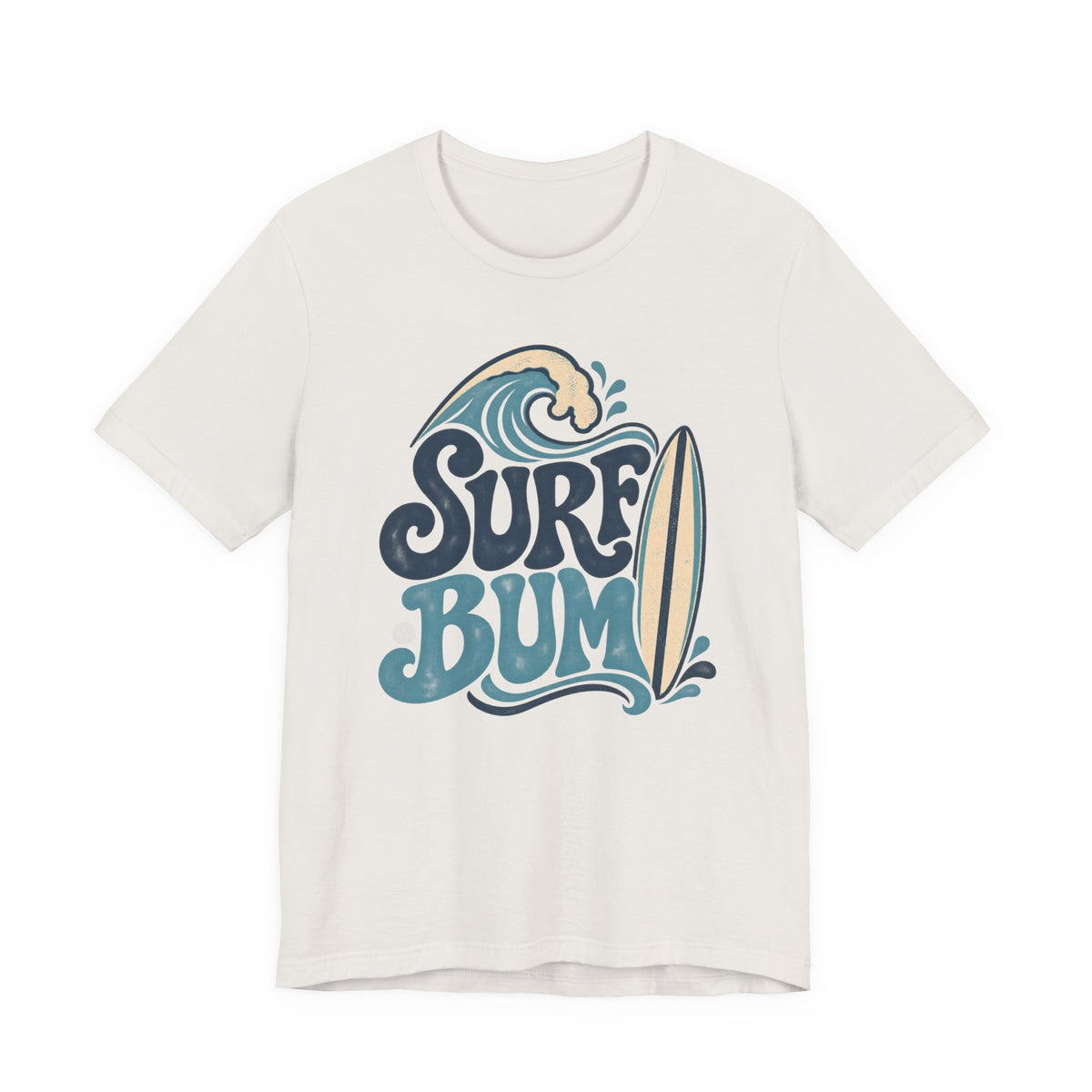 A white t-shirt with a graphic design featuring the text "Surf Bum" and a surfboard.