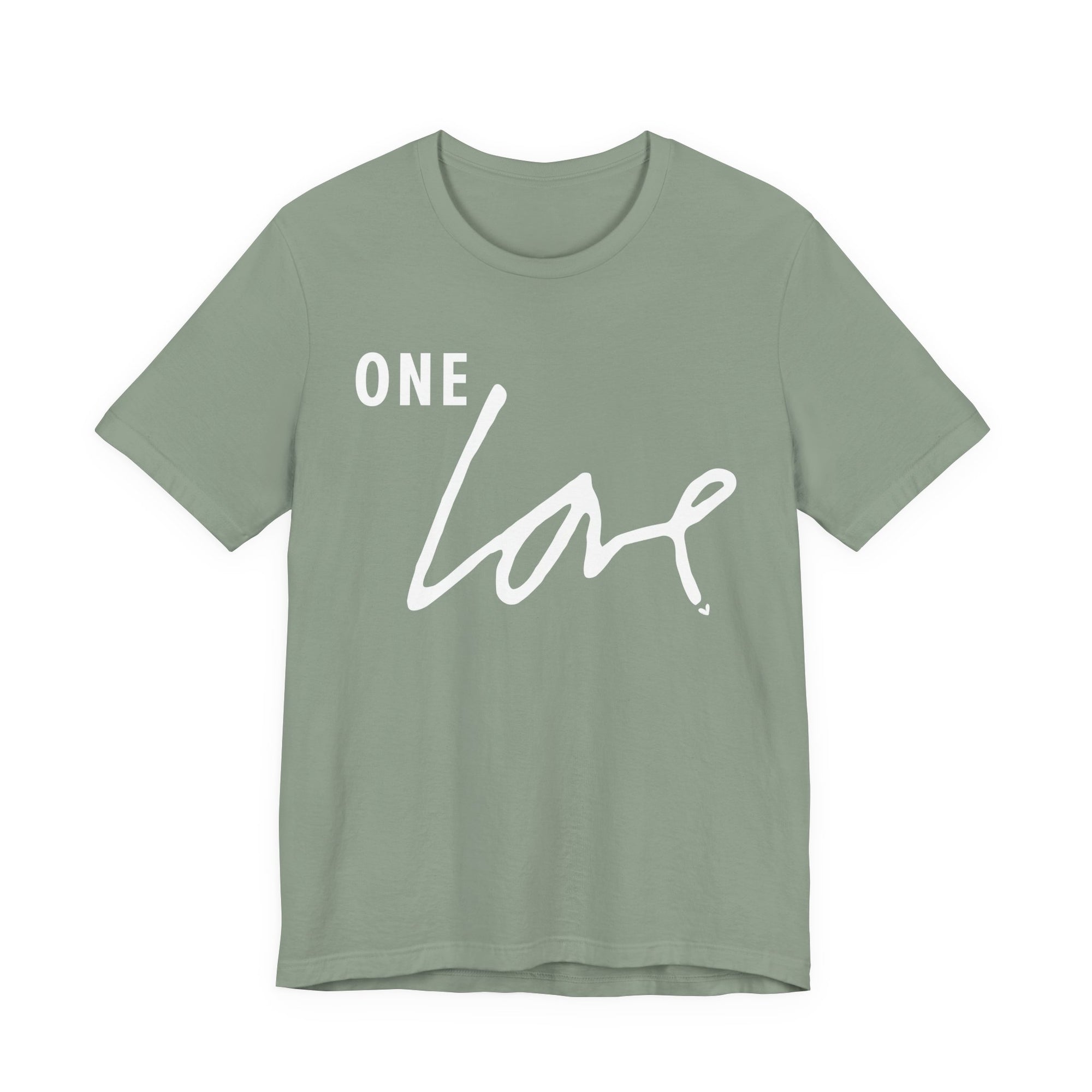 A green Maine Salty Girl t-shirt with the text "ONE LOVE" printed on it in white.
