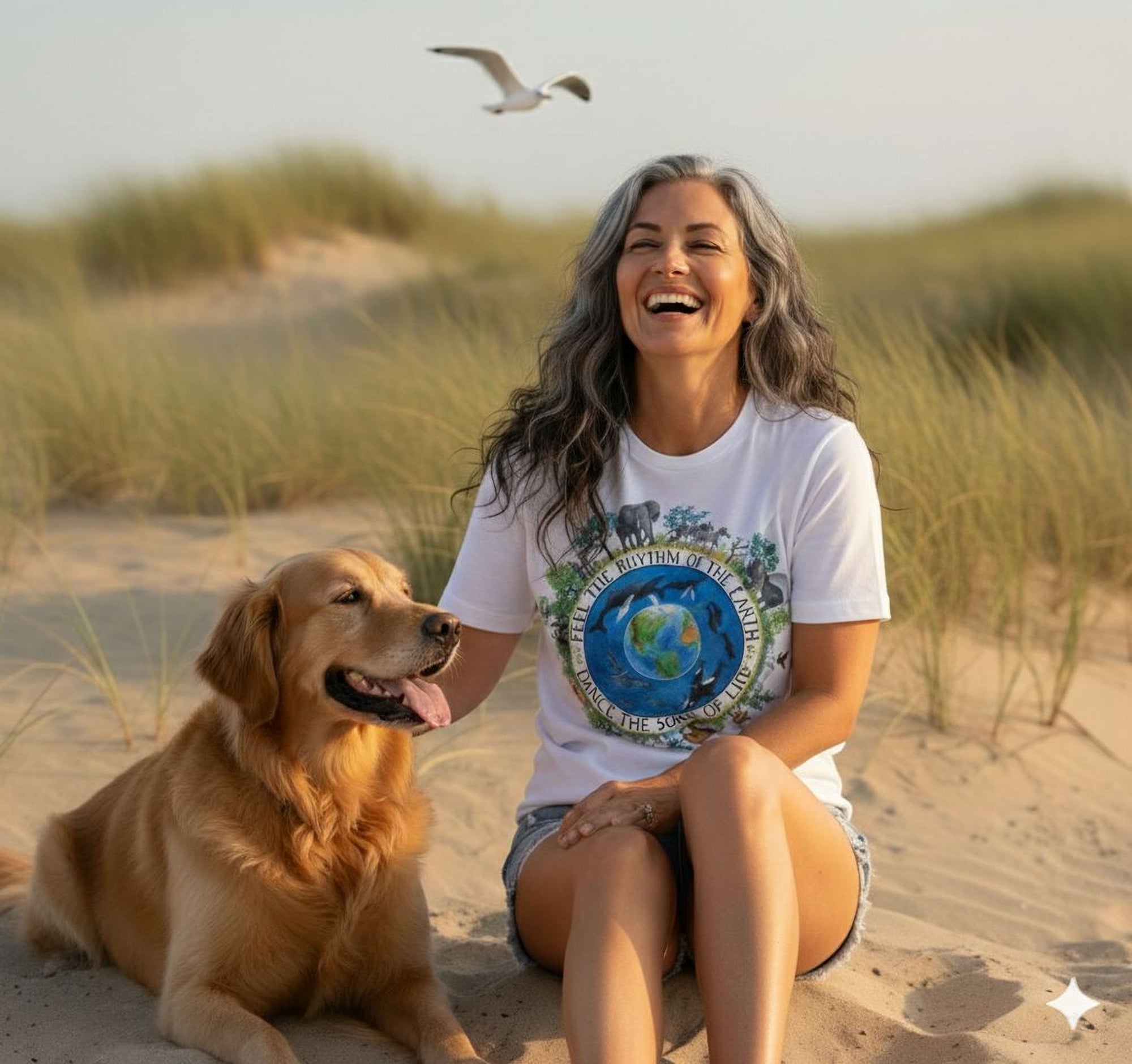 A woman in a white Maine Salty Girl t-shirt with a graphic of a globe and text is sitting on the sand, smiling and petting a golden retriever dog.