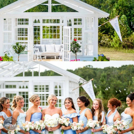 The image is a collage of two photos. The top photo shows a white gazebo with a group of women in blue dresses standing in front of it, while the bottom photo depicts the same group of women in blue dresses holding bouquets of flowers.