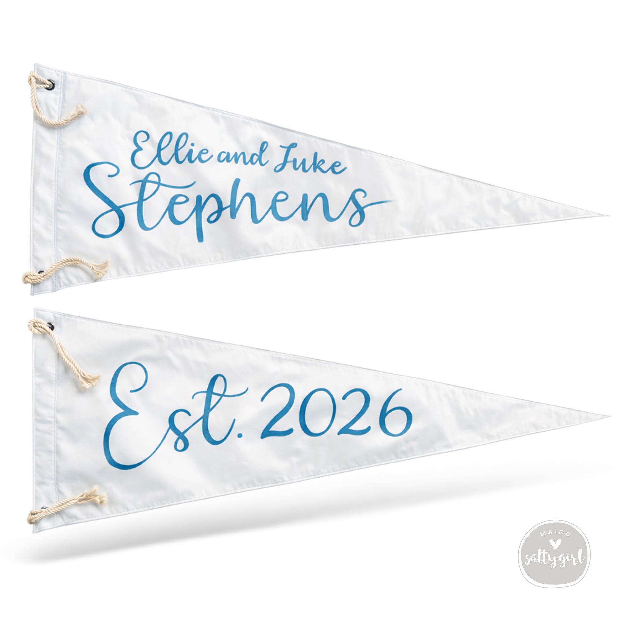 two white triangular pennants with blue text and numbers.
