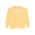 A yellow Maine Salty Girl sweatshirt with the word "simplify" printed on it in white text.