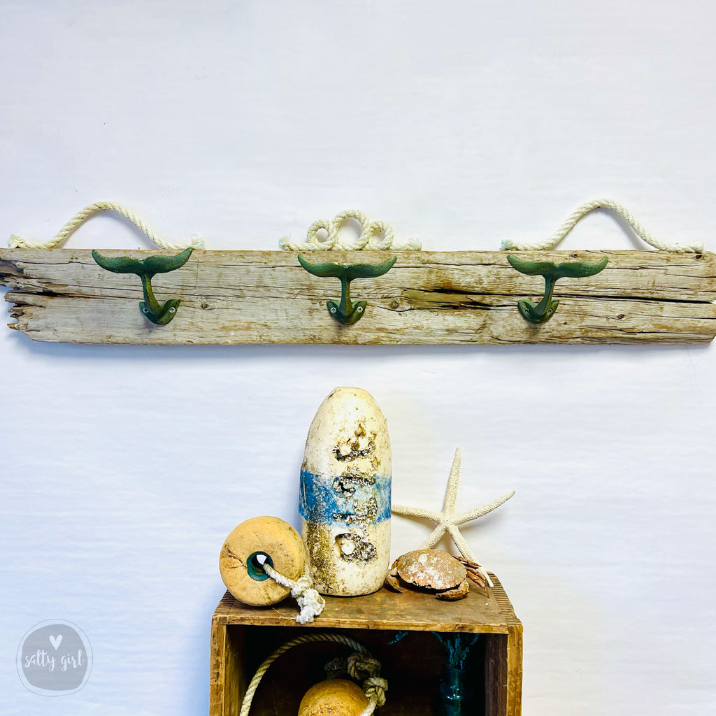 a wooden shelf with a couple of shells on top of it