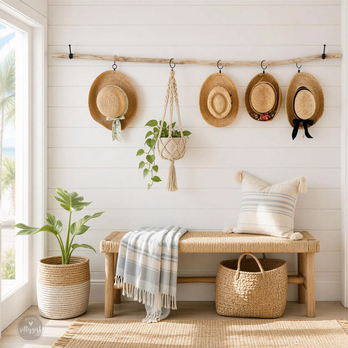 a bench with hats hanging on the wall
