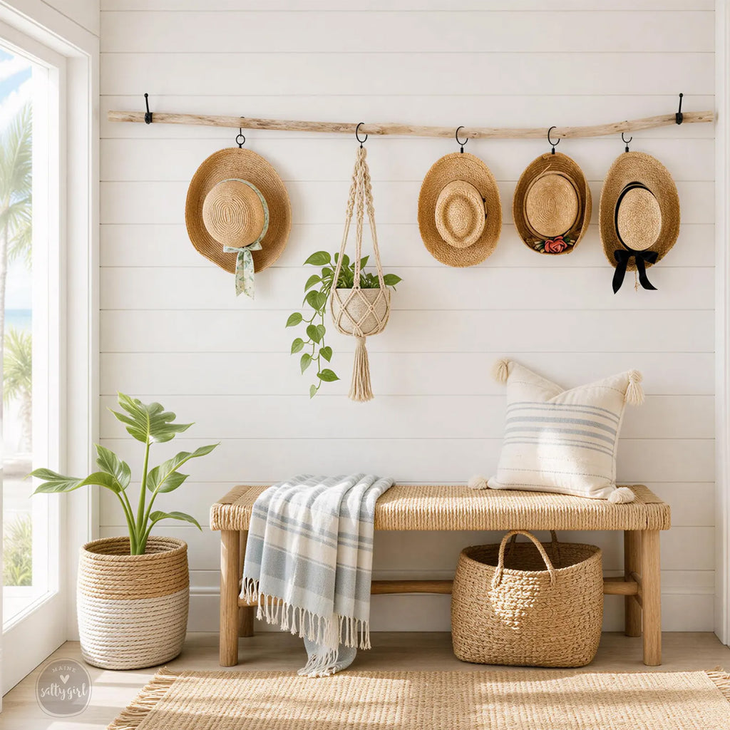 a bench with hats hanging on the wall