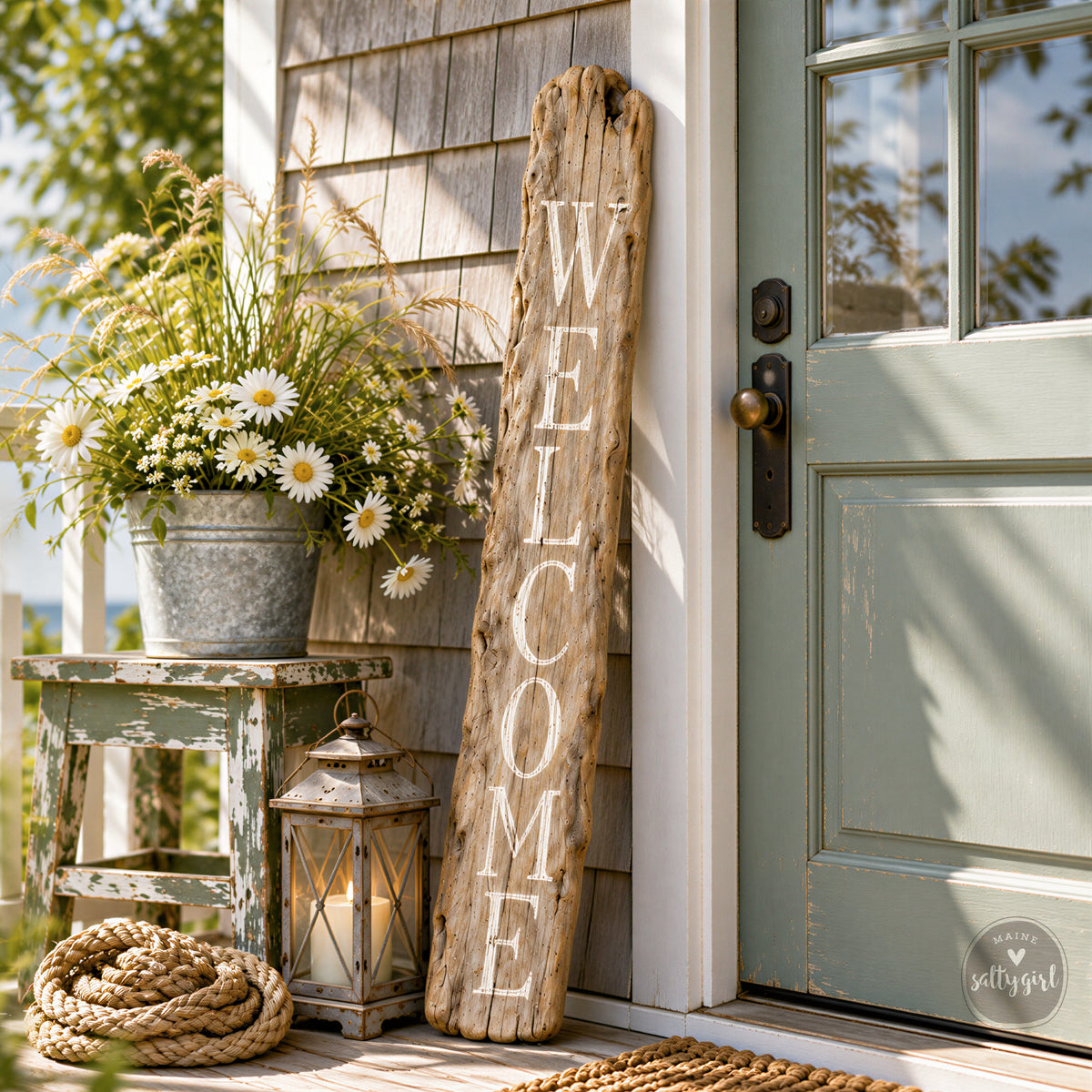 a wooden sign that says "Welcome" on a porch, with a potted plant and a lantern nearby. The sign is leaning against a door, and there is a rope on the ground next to the sign.