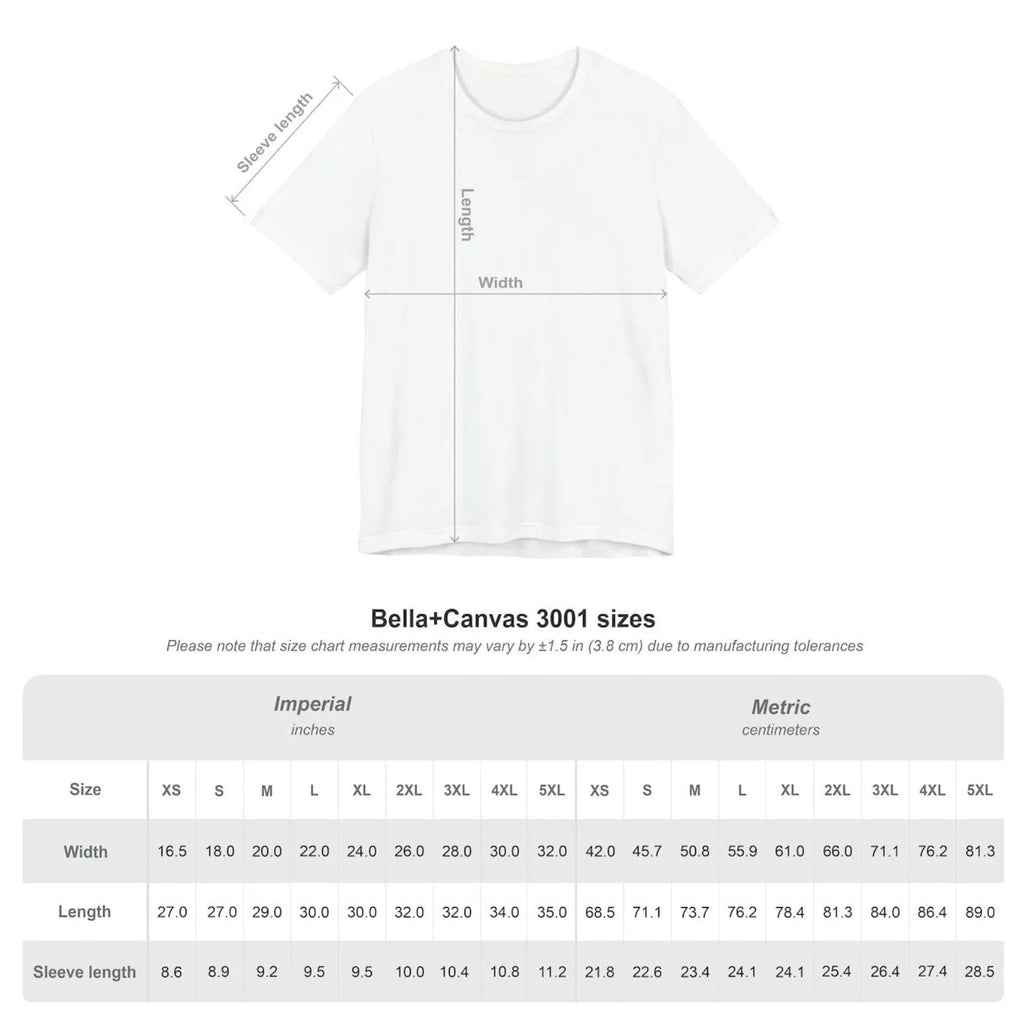 a white t-shirt with measurements and sizes listed below it.