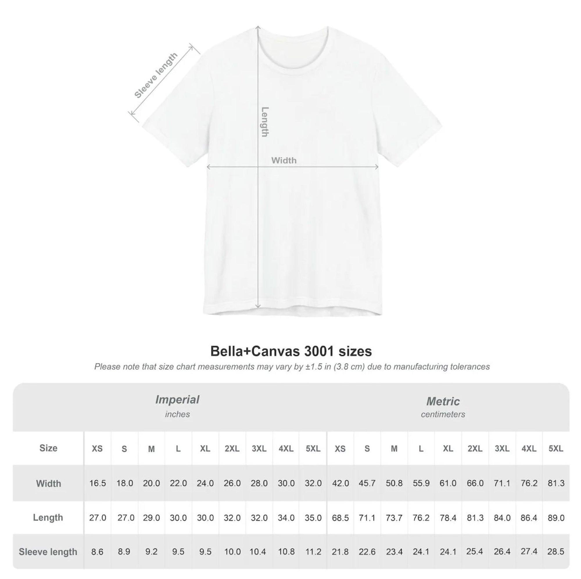 a white t-shirt with measurements and sizes listed below it.