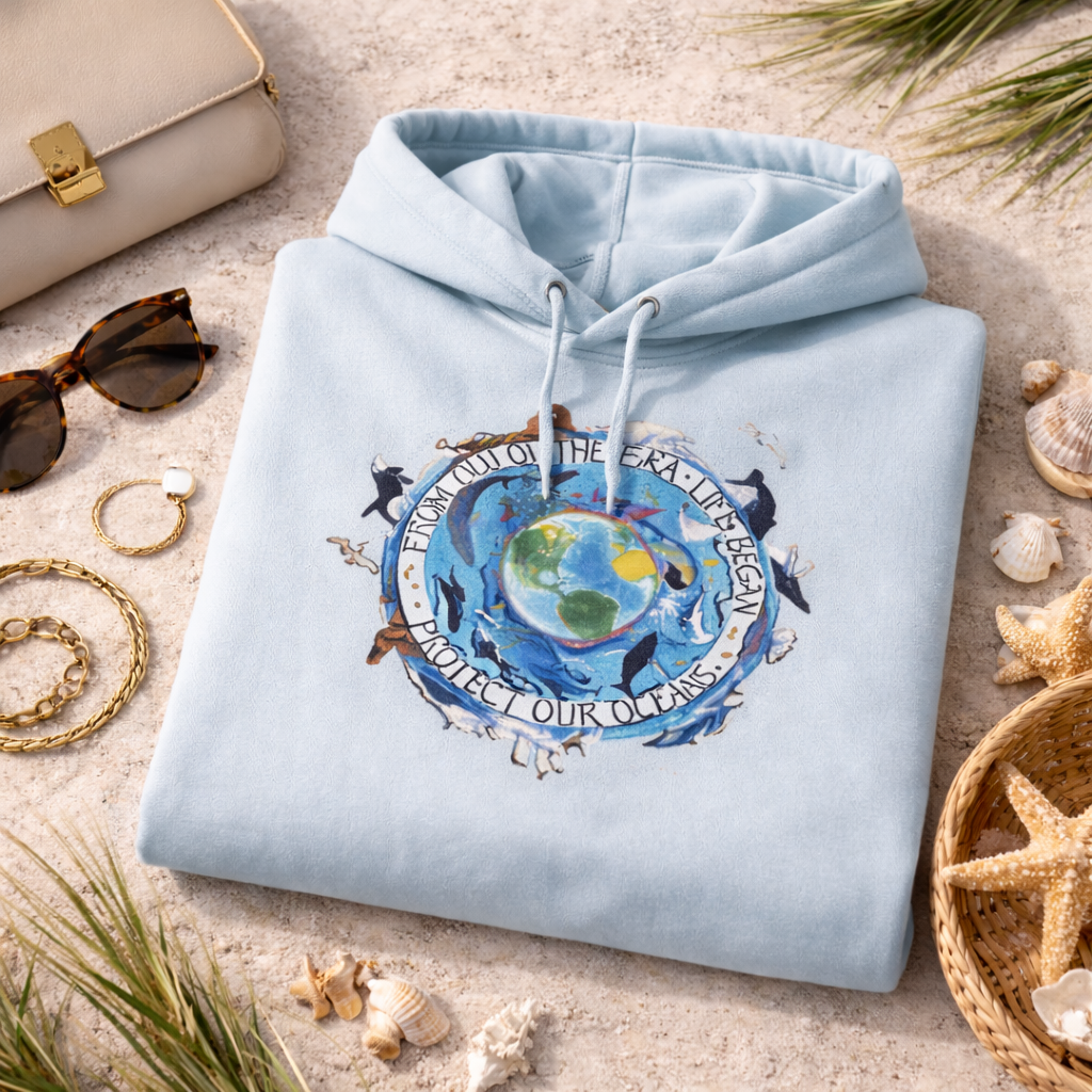 A light blue hoodie with a graphic design of a globe surrounded by marine life, including dolphins and a message about protecting the oceans, is displayed on a beach setting with various accessories and natural elements.
