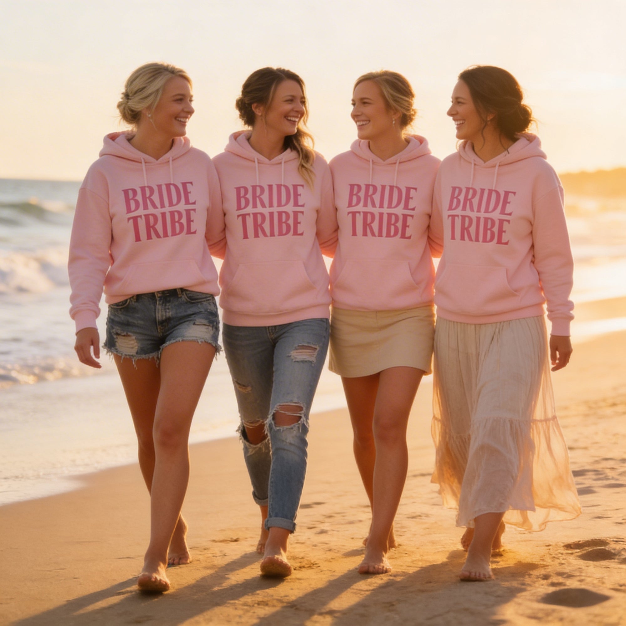 Four women wearing matching pink "BRIDE TIBE" hoodies are walking together on a beach during sunset.