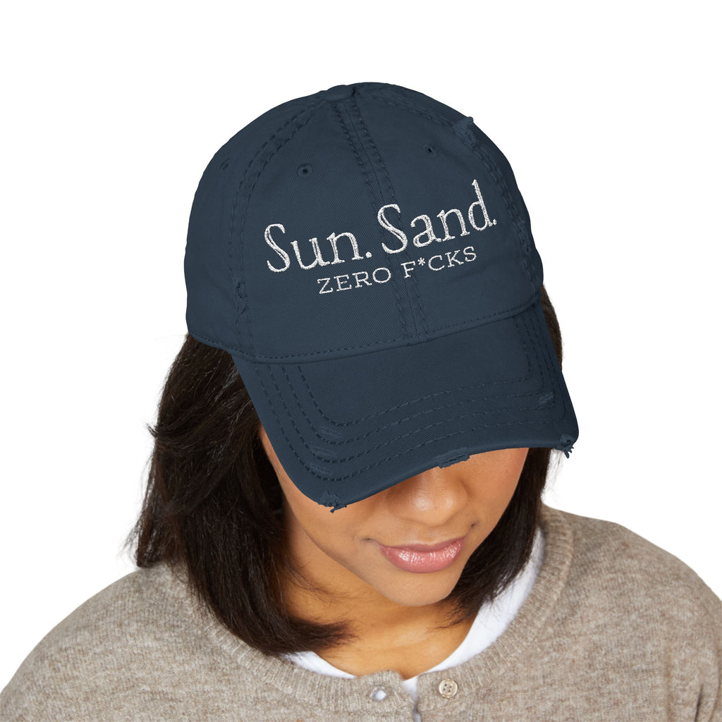 Embroidered 'Sun. Sand. Zero F*cks.' Distressed Dad Hat — Beachy Vintage Baseball Cap