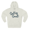 A gray Maine Salty Girl hoodie with the text "Salty Soul" printed on it in a cursive font.