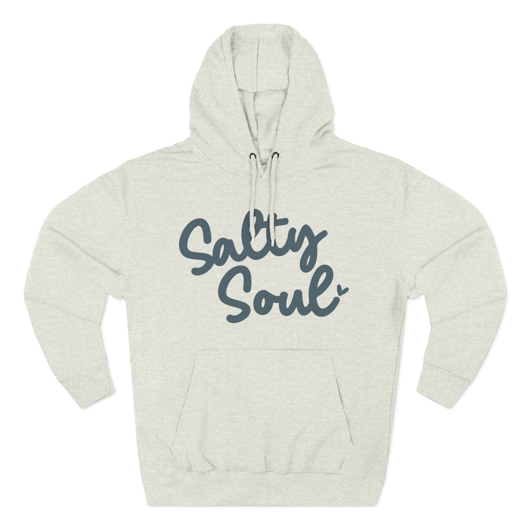 A gray Maine Salty Girl hoodie with the text "Salty Soul" printed on it in a cursive font.