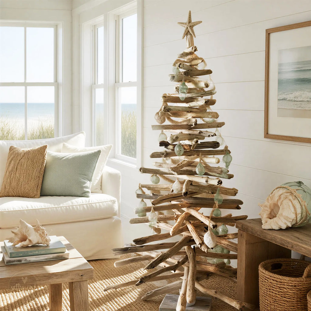 A rustic driftwood Christmas tree stands in the corner of a bright, airy living room, decorated with seashells and ornaments. The room features a white sofa, a wooden coffee table, and a framed picture on the wall, creating a cozy and inviting atmosphere.