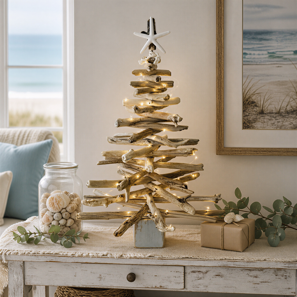 A rustic-style Christmas tree made from driftwood and twigs, adorned with lights and ornaments, sits on a white table in front of a window overlooking the ocean.
