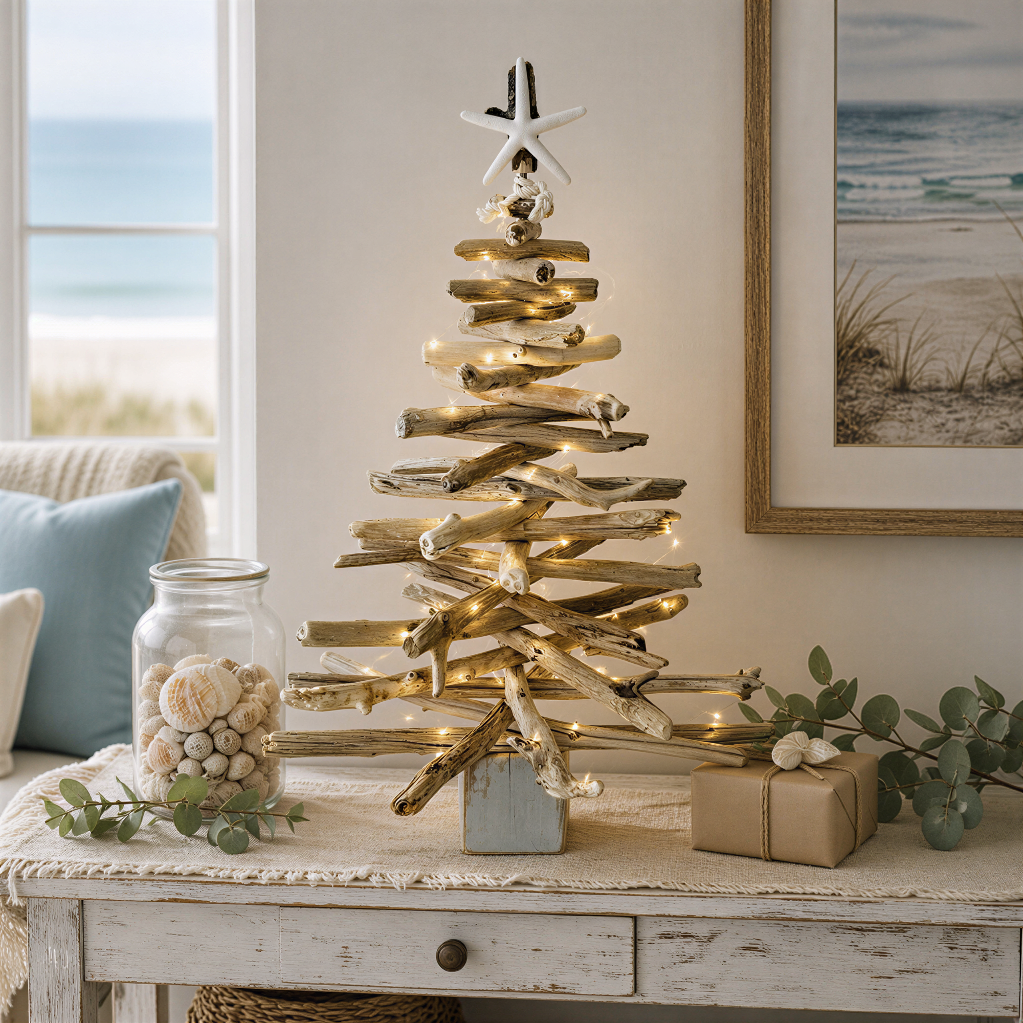 A rustic-style Christmas tree made from driftwood and twigs, adorned with lights and ornaments, sits on a white table in front of a window overlooking the ocean.