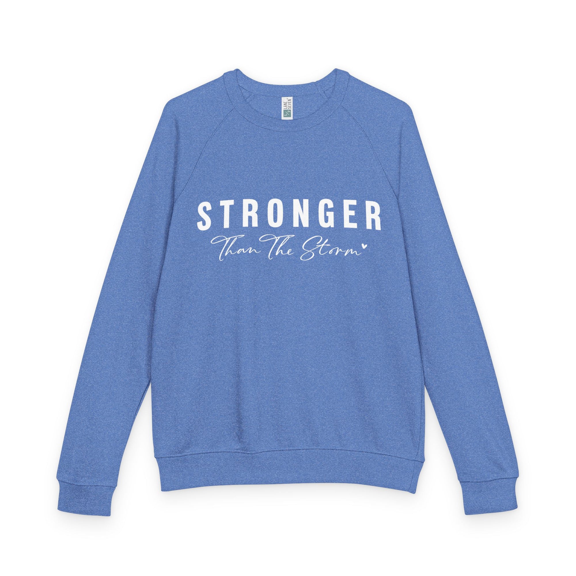 A blue Maine Salty Girl sweatshirt with the text "STRONGER Than The Storm" printed on it.
