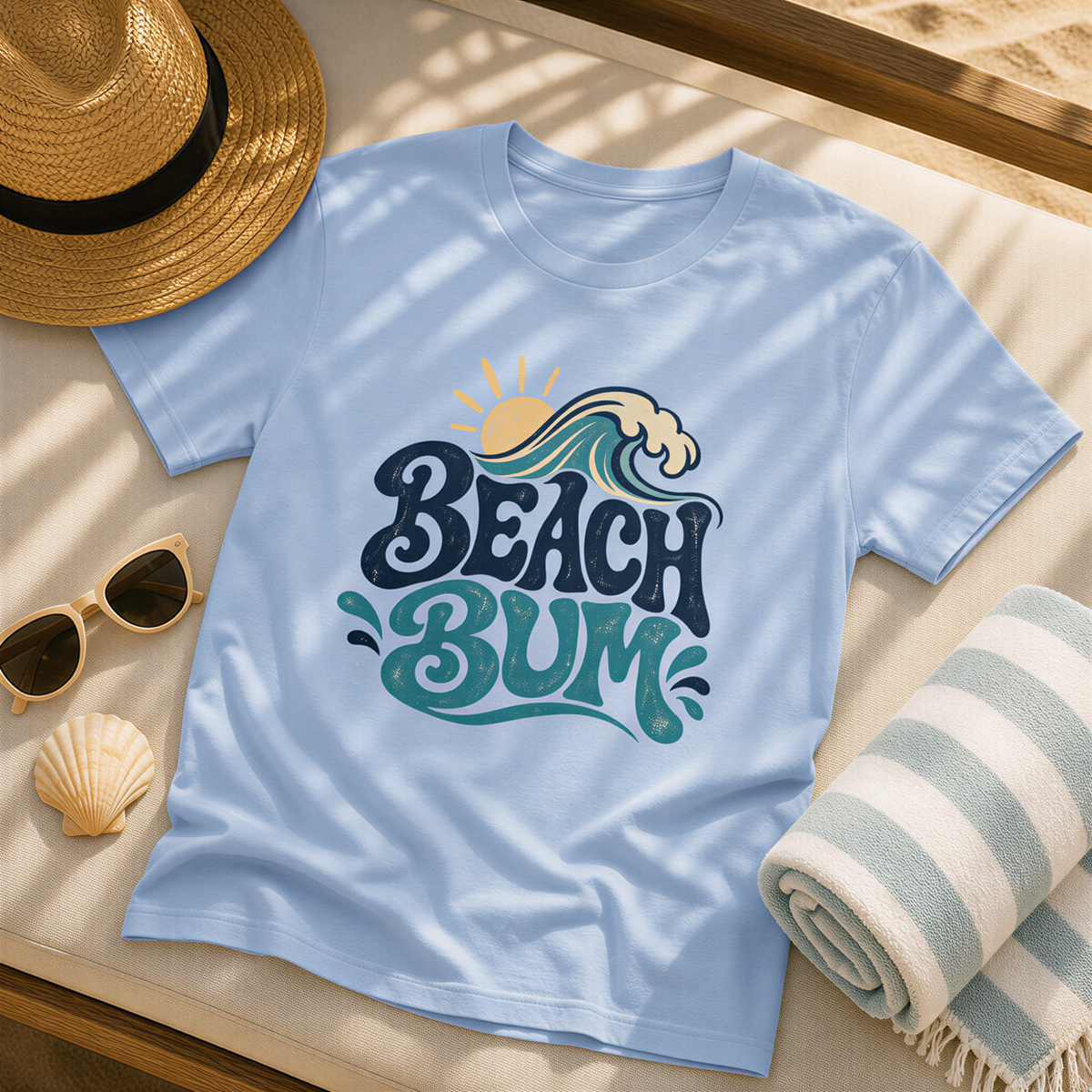 A blue t-shirt with a beach-themed graphic and the text "BEACH BUM" printed on it, along with a straw hat, sunglasses, and a rolled-up towel.