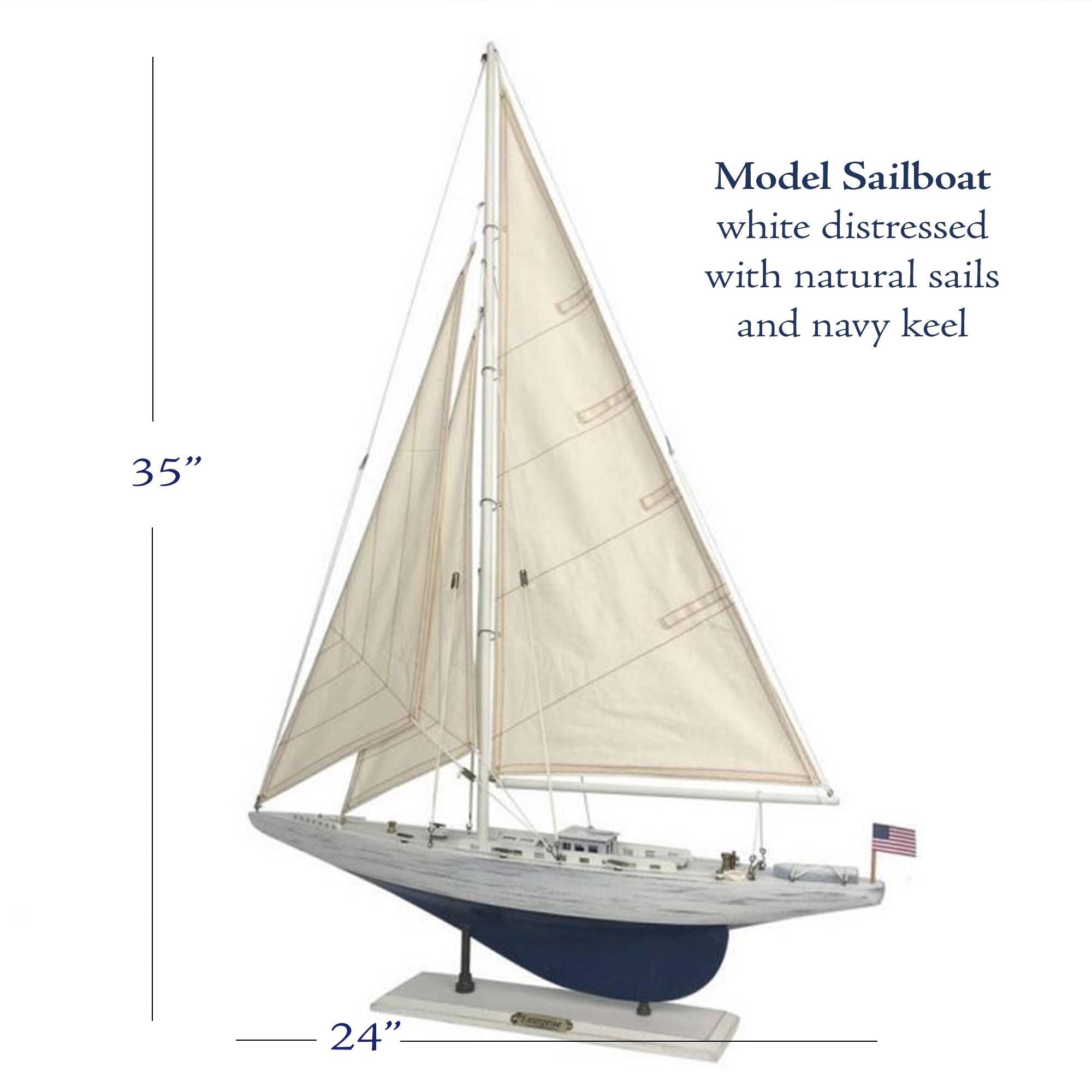 a model sailboat with a white hull and sails, and it is described as a 35-inch sailboat with natural sails and navy keel.
