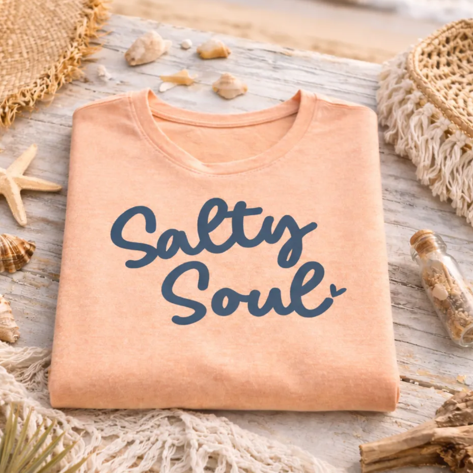 a t-shirt with the text "Salty Soul" printed on it, placed on a beach towel with seashells and a straw hat.