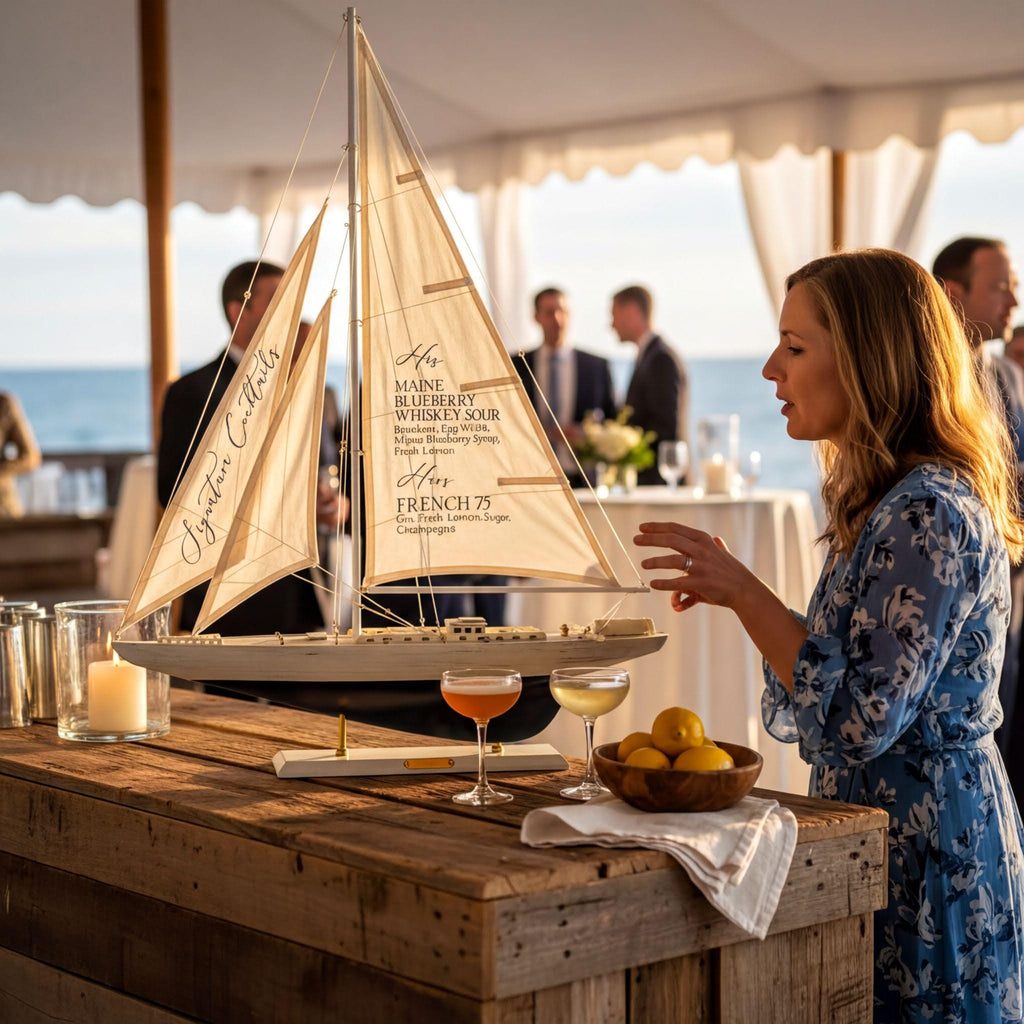 A woman in a blue floral dress stands next to a wooden table with a model sailboat, wine glasses, and a bowl of fruit.