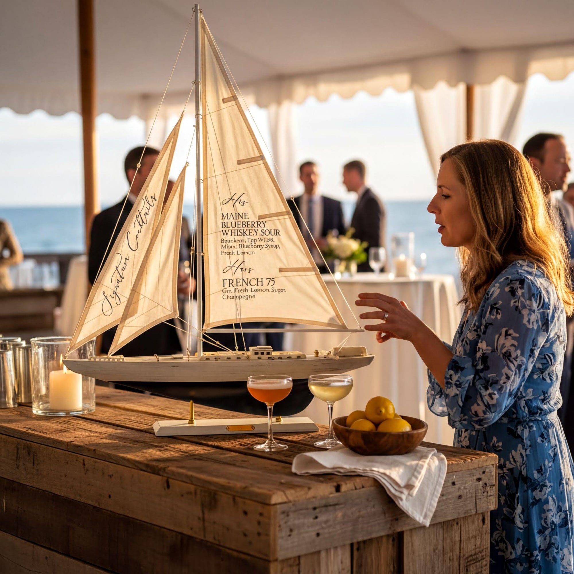 A woman in a blue floral dress stands next to a wooden table with a model sailboat, wine glasses, and a bowl of fruit.