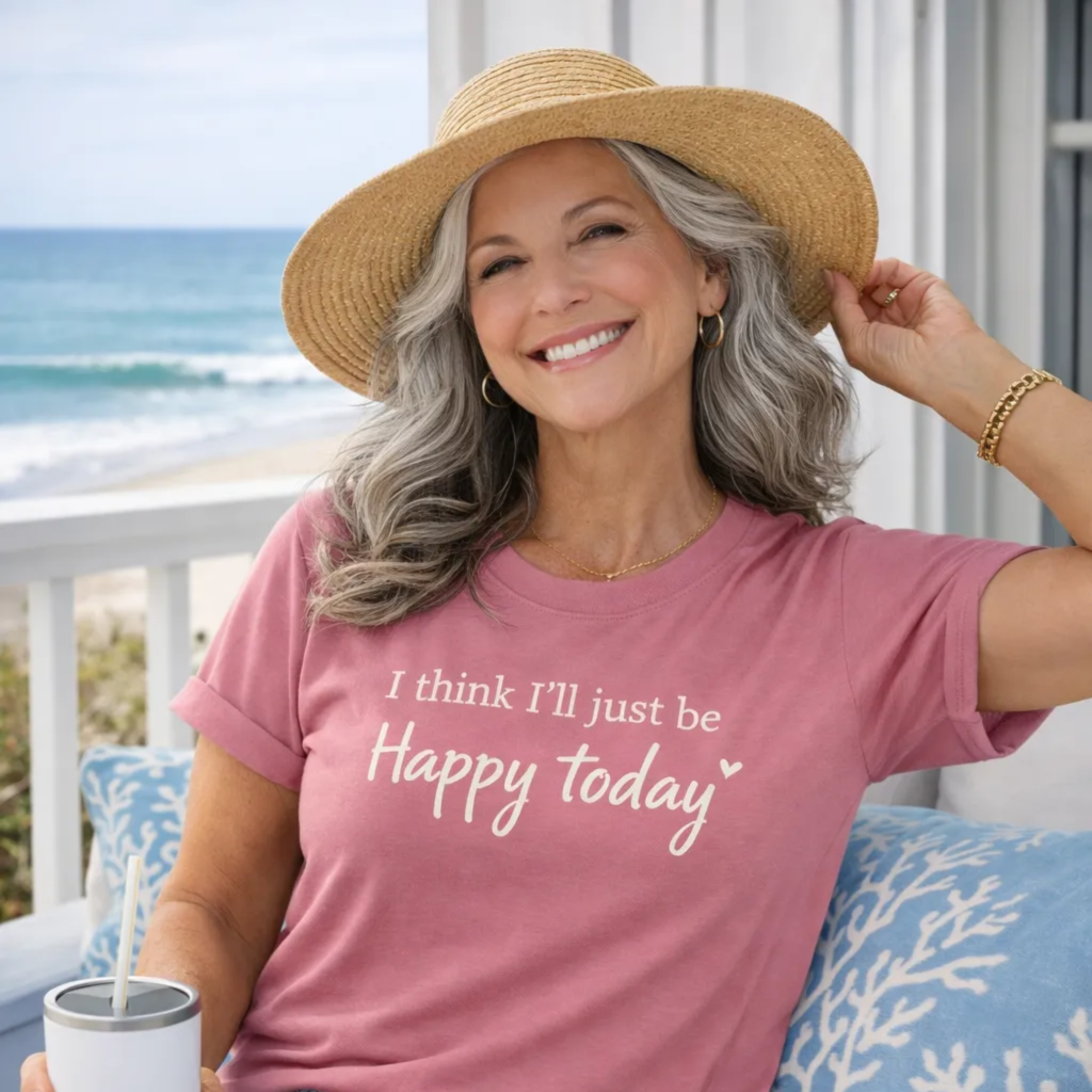 A smiling woman wearing a straw hat and a pink t-shirt with the text "I think I'll just be Happy today" is sitting on a bench near the ocean.