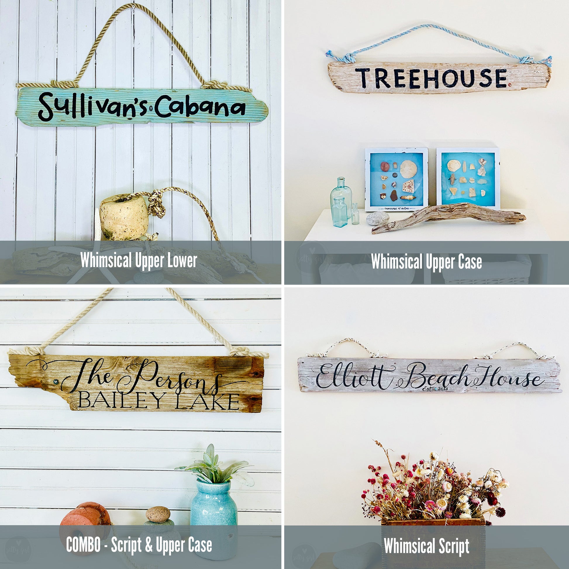 The image is a collage of four different types of wooden signs, each with unique designs and purposes. The signs include a "Sullivans Cabana" sign, a "TREEHOUSE" sign, a "Whimsical Upper Case" sign, and a "Elliot Beach House" sign. The signs are displayed in various settings, such as hanging on a wall, placed on a shelf, and placed on a table.