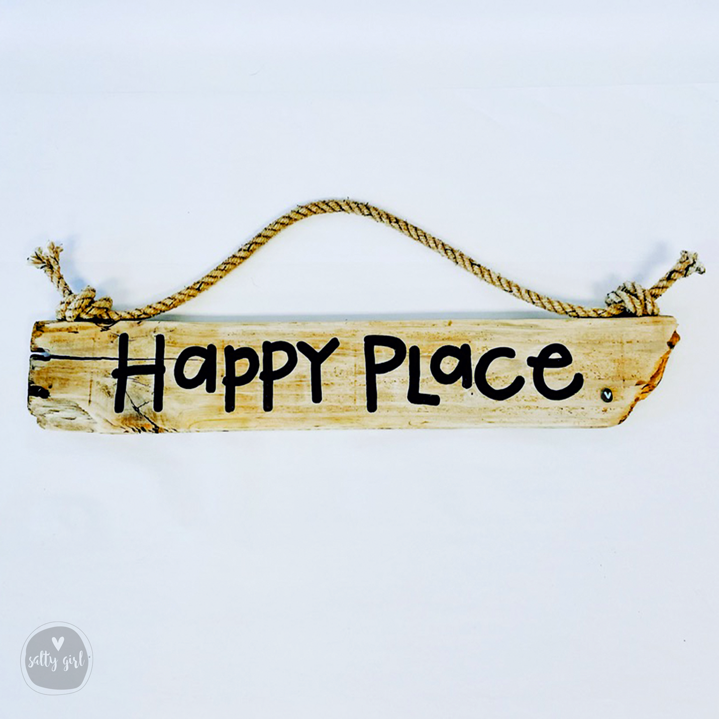 A wooden sign with the text "Happy Place" written on it, hanging from a rope.
