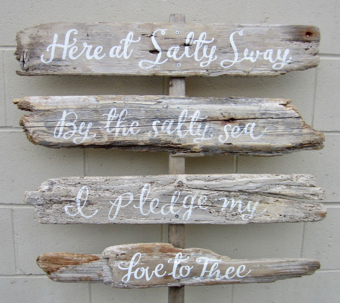 Driftwood Wedding Sign with Post - Wooden Stacked "By the Salty Sea" Sign - Beach Wedding Sign on Post