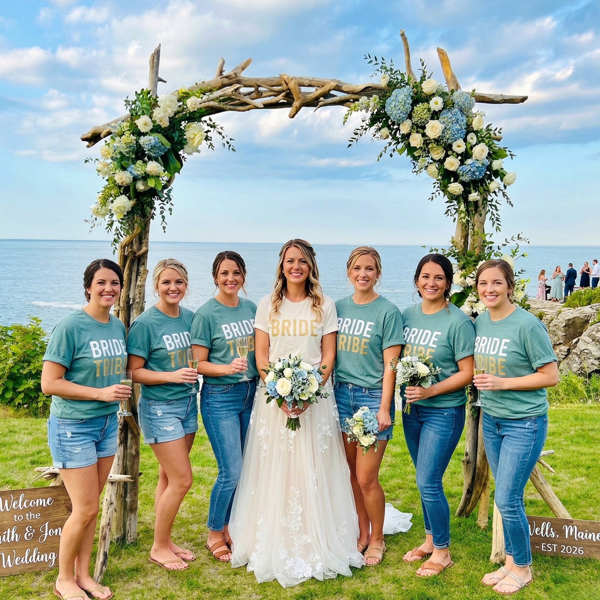 A bride and her bridesmaids pose for a photo under a driftwood floral arch, with the bride holding a bouquet of flowers. All bridesmaids have on matching Bride Tribe t-shirts. The bride has on a Bride T-shirt.
