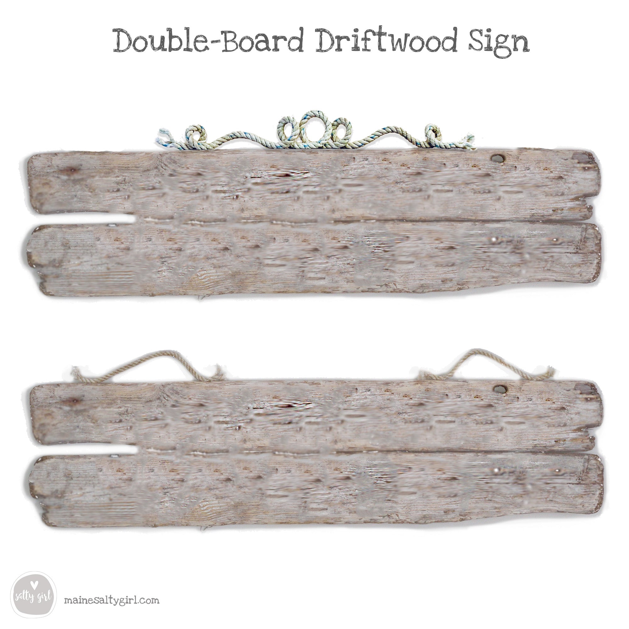 two wooden driftwood boards with rope handles, which are being used as a double-board driftwood sign.