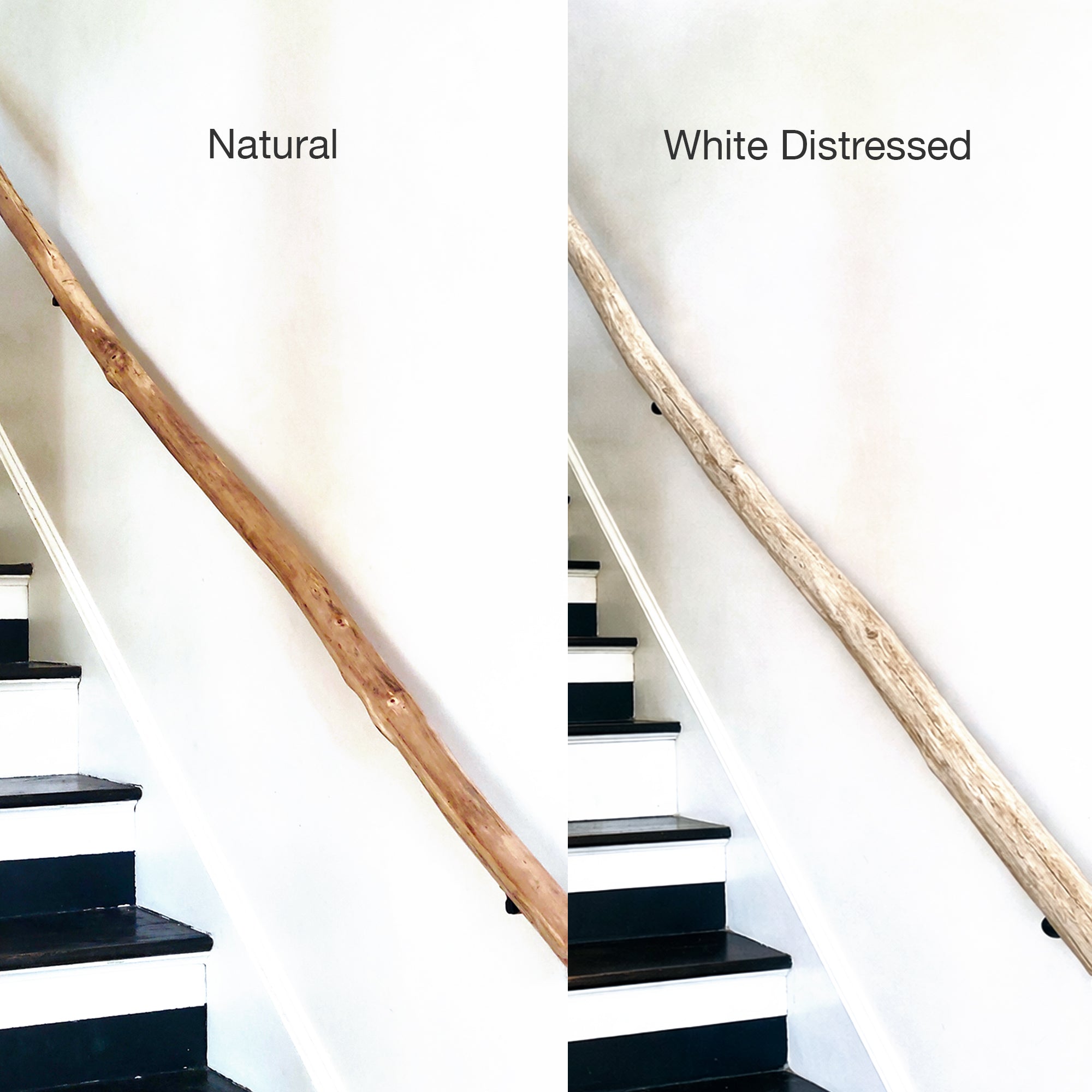 two different stair railings, one natural and one white distressed, side by side.