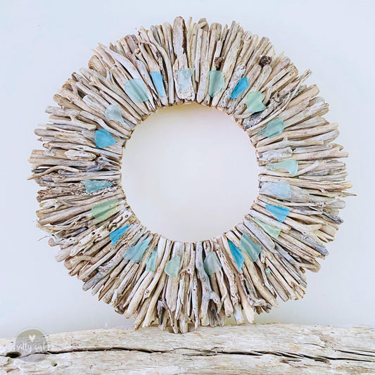 Maine Sun Bleached Driftwood Wreath with Subtle Blue & Green Sea Glass Accents - Sizes: 20" or 24"