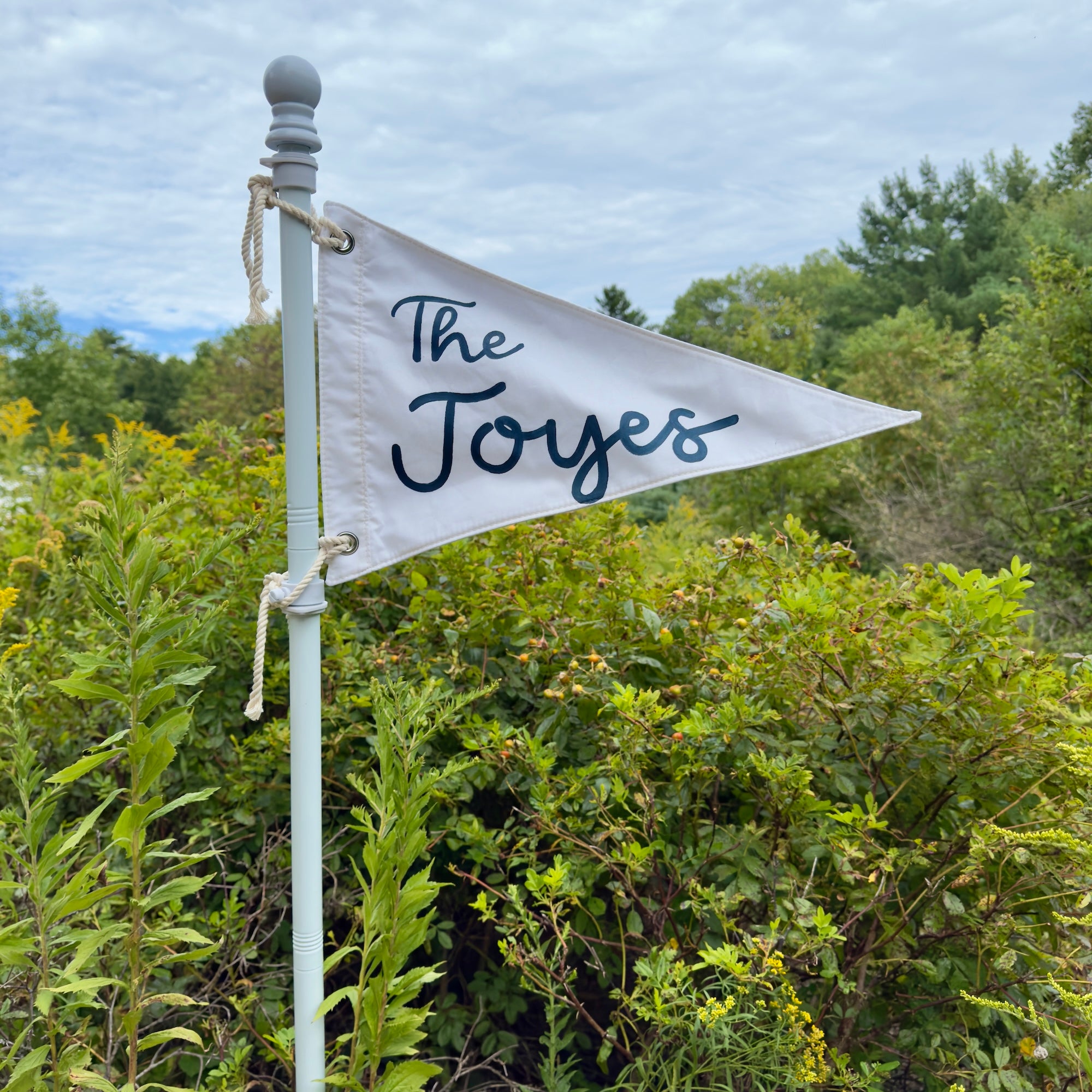 White flag with 'The Joyes' text on a pole against a natural background