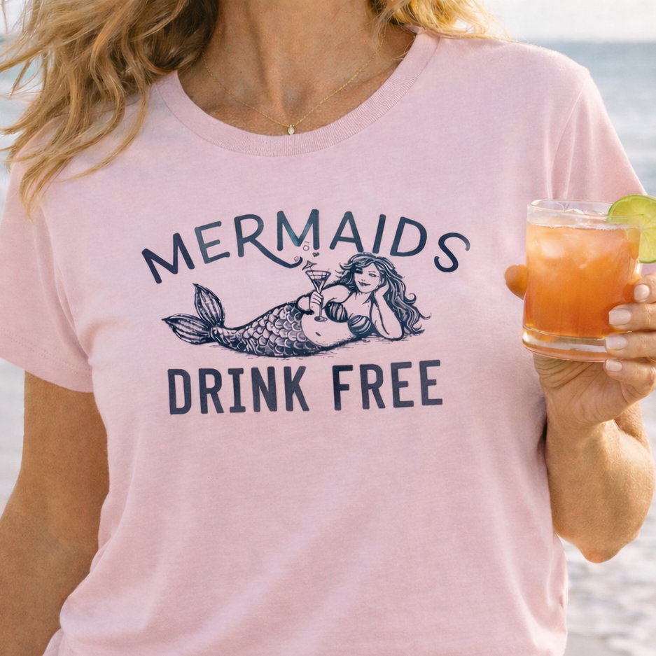 Person wearing a pink t-shirt with 'Mermaids Drink Free' design, holding a drink on a beach.