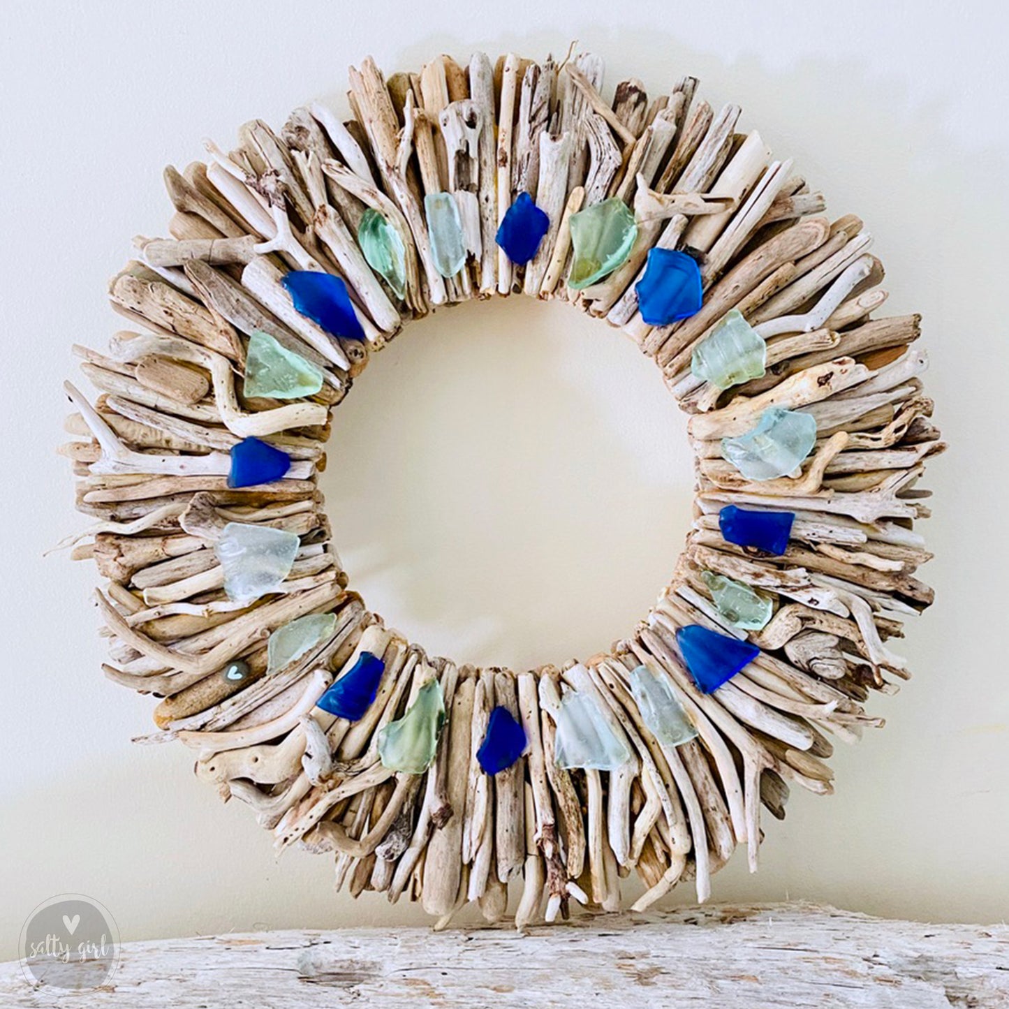 Driftwood Wreath with Cobalt Blue & Aqua Sea Glass Accents