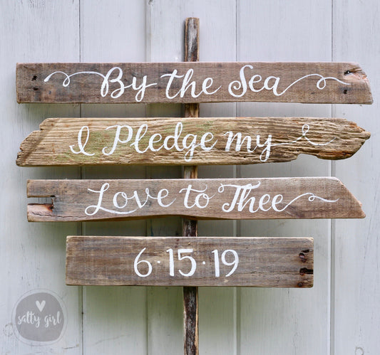 Driftwood Wedding Sign with Post - Wooden Stacked "By the Salty Sea" Sign - Beach Wedding Sign on Post
