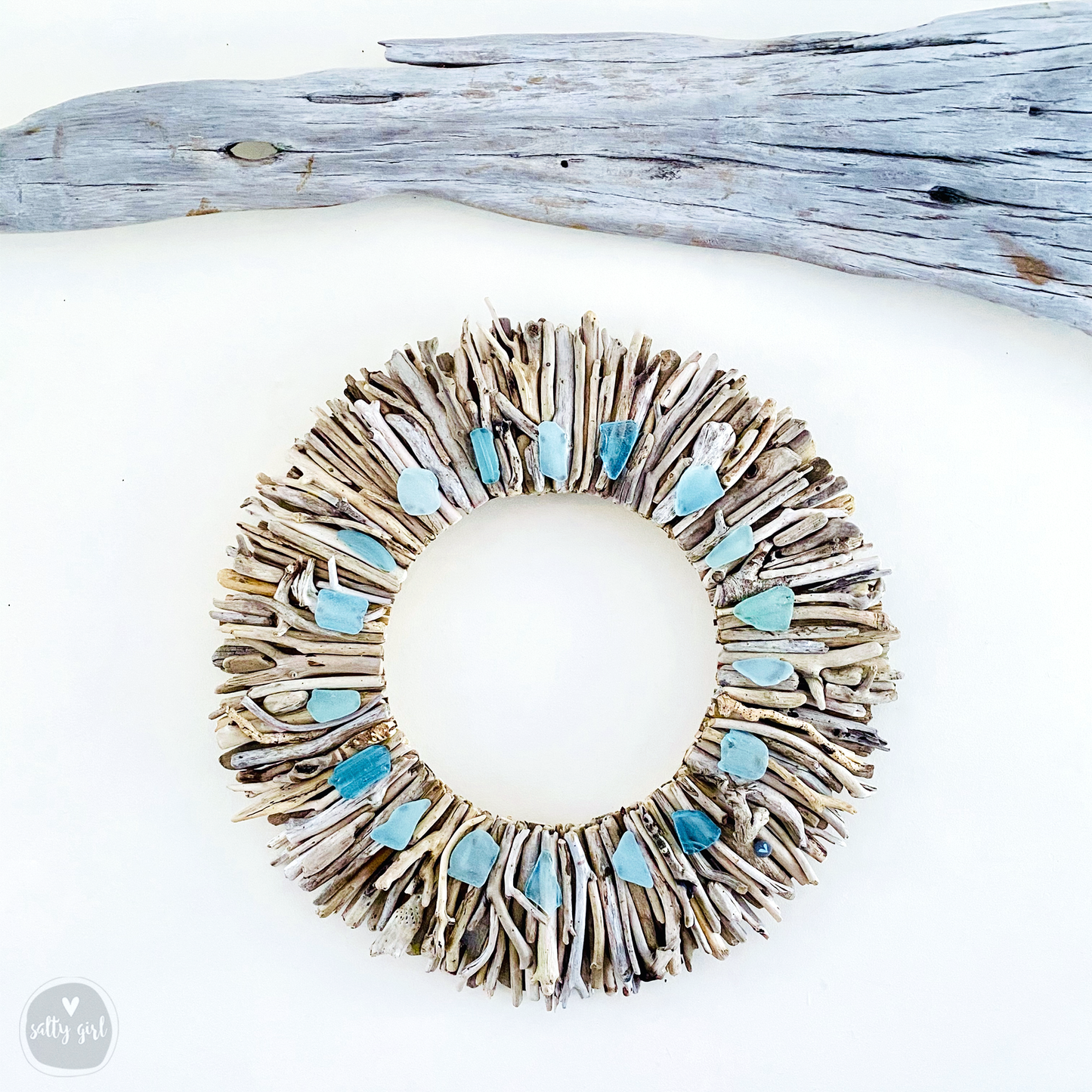 Maine Sun Bleached Driftwood Wreath with Subtle Blue & Green Sea Glass Accents - Sizes: 20" or 24"