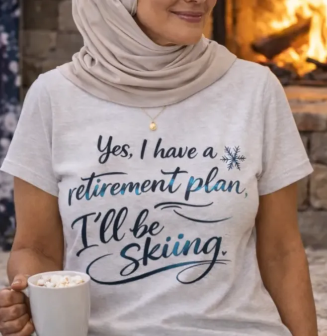 A woman wearing a hijab and a t-shirt with a humorous retirement plan is sitting in front of a fireplace, holding a mug of hot chocolate.