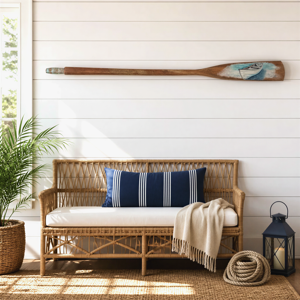 a cozy and inviting living space with a wicker bench, a blue and white striped pillow, a woven blanket, and a lantern. The bench is positioned against a white wall with a wooden paddle hanging on it, and a potted plant is placed next to the bench.