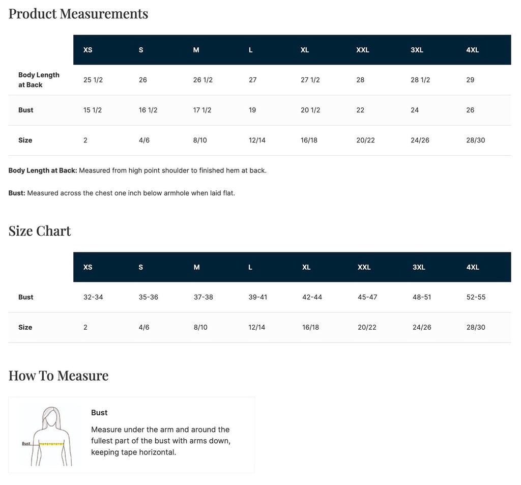 a product measurements chart and a bust measurement chart. The bust measurement chart provides measurements for different bust sizes, including 32-34, 35-36, 37-38, 39-41, 42-44, 45-47, 48-51, 52-55, and 52-55. The chest measurement chart provides measurements for different chest sizes, including 2, 4/4, 8/10, 12/14, 16/18, 20/22, 24/26, and 26/30.