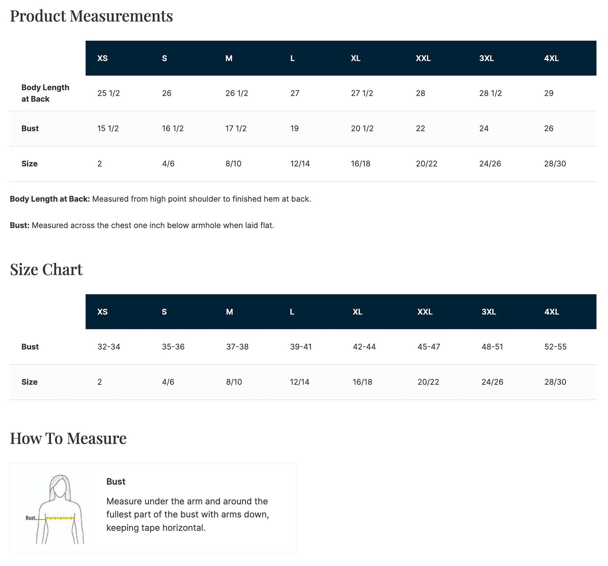 a product measurements chart and a bust measurement chart. The bust measurement chart provides measurements for different bust sizes, including 32-34, 35-36, 37-38, 39-41, 42-44, 45-47, 48-51, 52-55, and 52-55. The chest measurement chart provides measurements for different chest sizes, including 2, 4/4, 8/10, 12/14, 16/18, 20/22, 24/26, and 26/30.